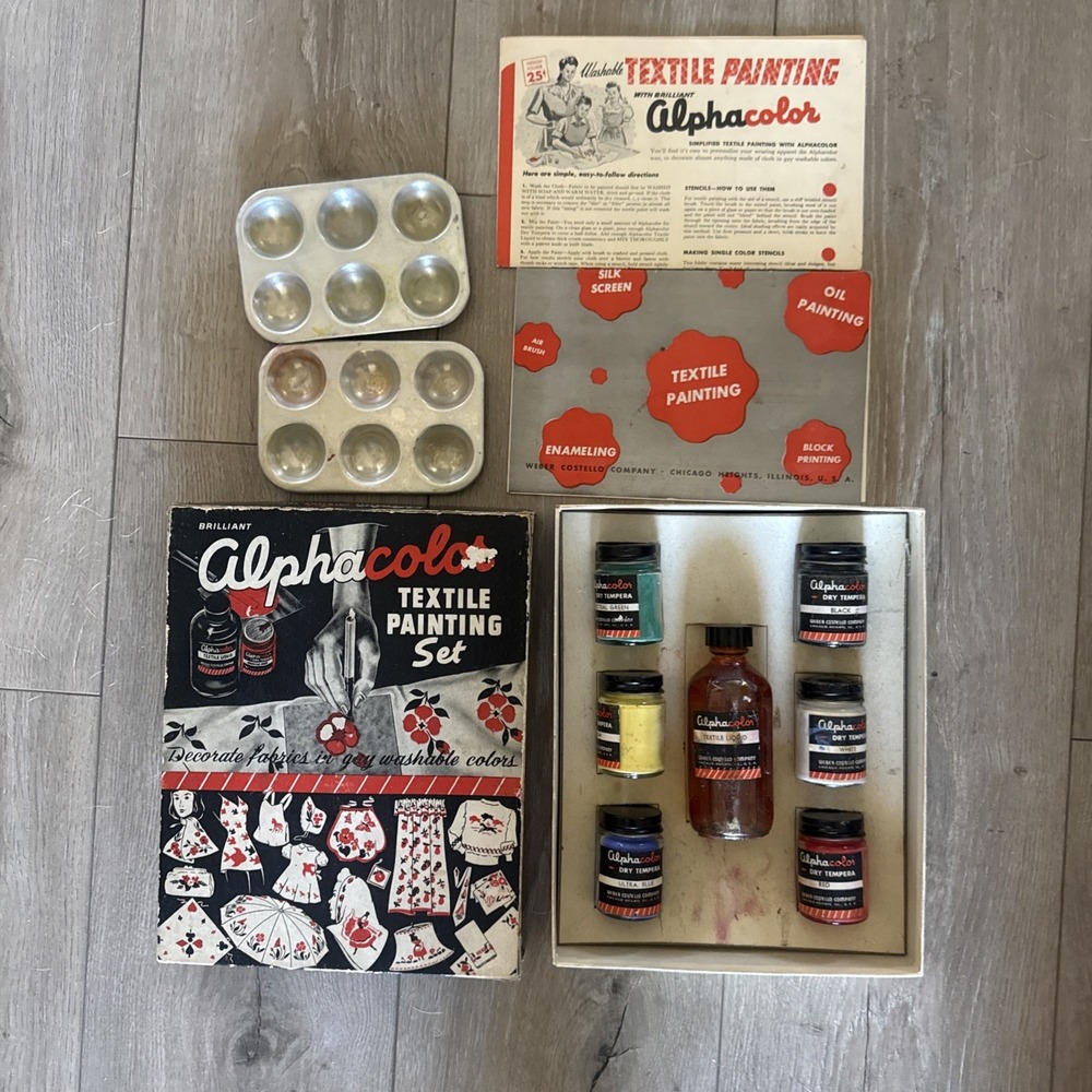 Vintage 40s Weber Costello Alphacolor Dry Tempera Textile Painting Set Rare